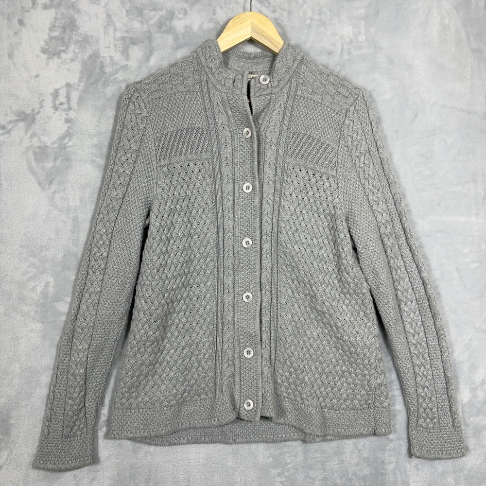LL Bean Women Cardigan L Gray Cotton Chunky Cable Knit Buttons Heritage Cottage